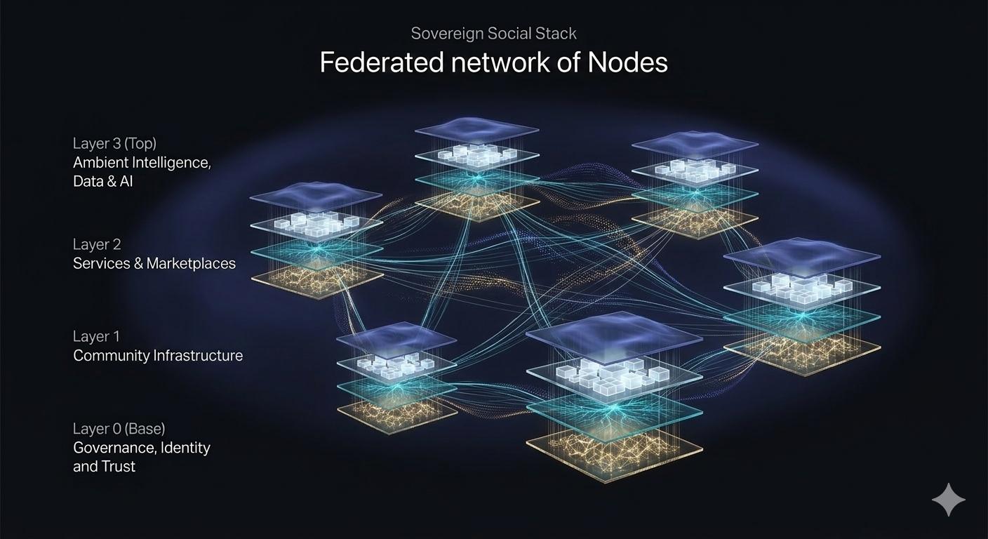 Sovereign Social Stack: Federated network of nodes showing Layer 0 Governance/Identity/Trust, Layer 1 Community Infrastructure, Layer 2 Services and Marketplaces, Layer 3 Ambient Intelligence and AI — each community its own governed node in a connected network.